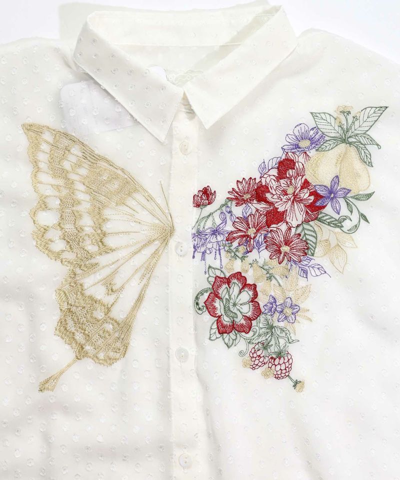 532037：フルーツと花をMIXした蝶刺繍 シフォンドットシャツの通販-ScoLar