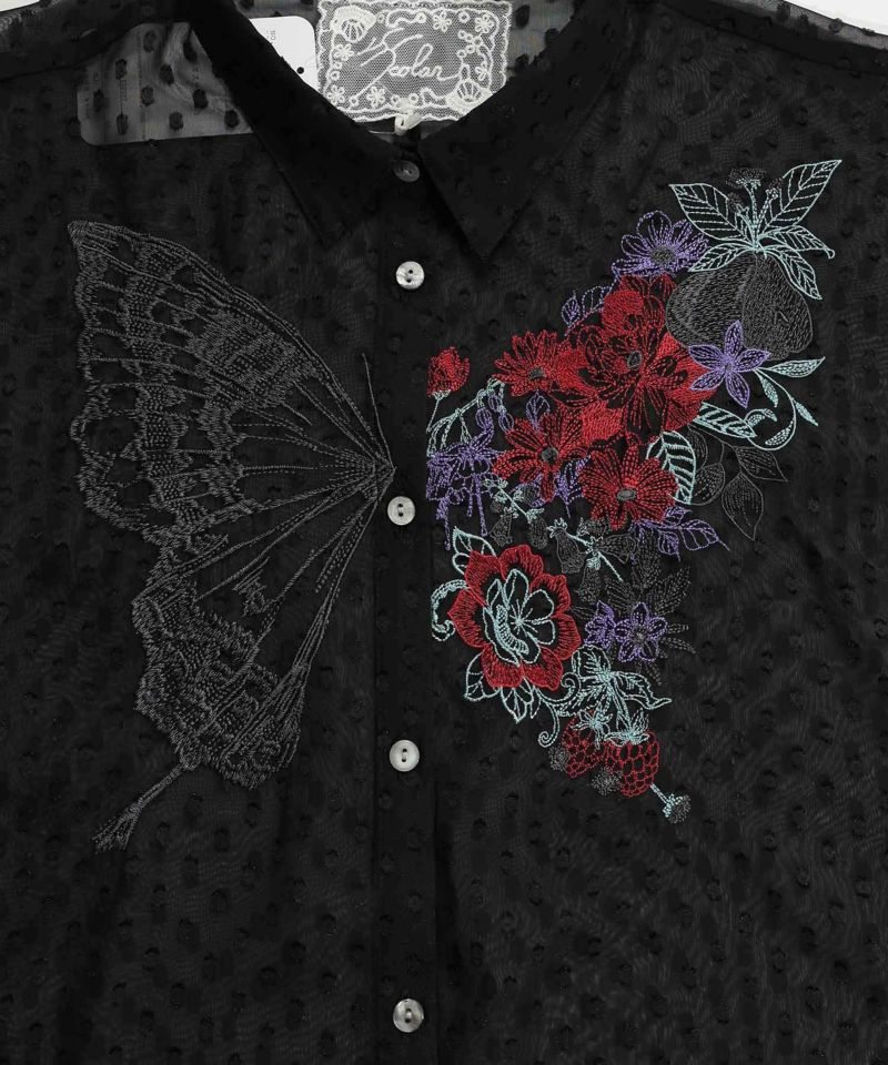 532037：フルーツと花をMIXした蝶刺繍 シフォンドットシャツの通販-ScoLar