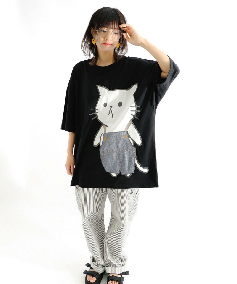 スカラーパリティ332032：オーバーオールを着たネコ刺繍アップリケ BIG-T