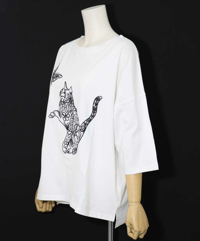 133612：猫蝶刺繍 7分袖Tシャツの通販-ScoLar