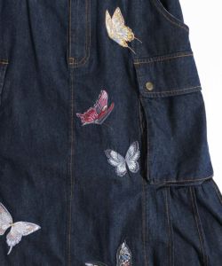 蝶刺繍 綿ツイルとデニムのカーゴスカート-9