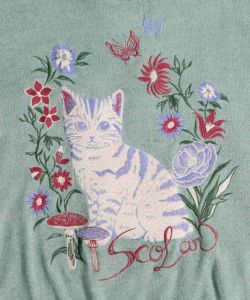 花とネコ刺繍 ニットソー切替プルオーバー-14