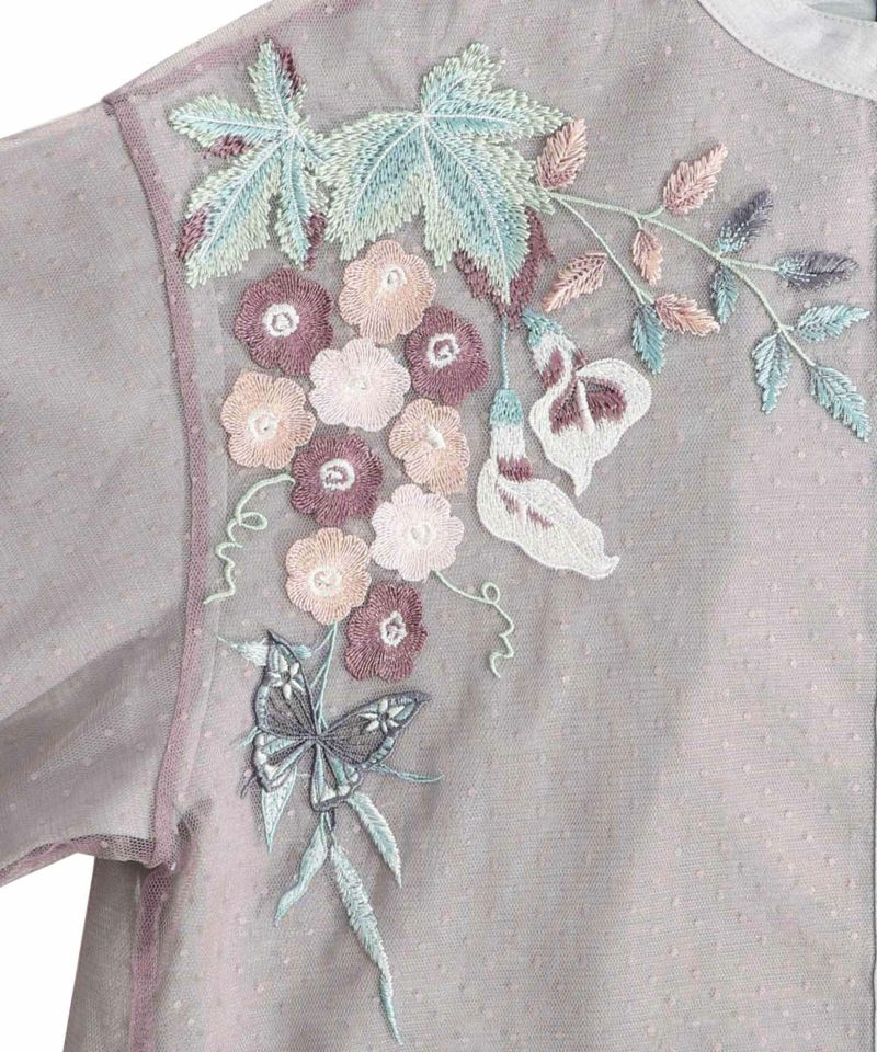 533218：フェイク麻×ドットチュール 花蝶刺繍シャツブラウスの通販-ScoLar