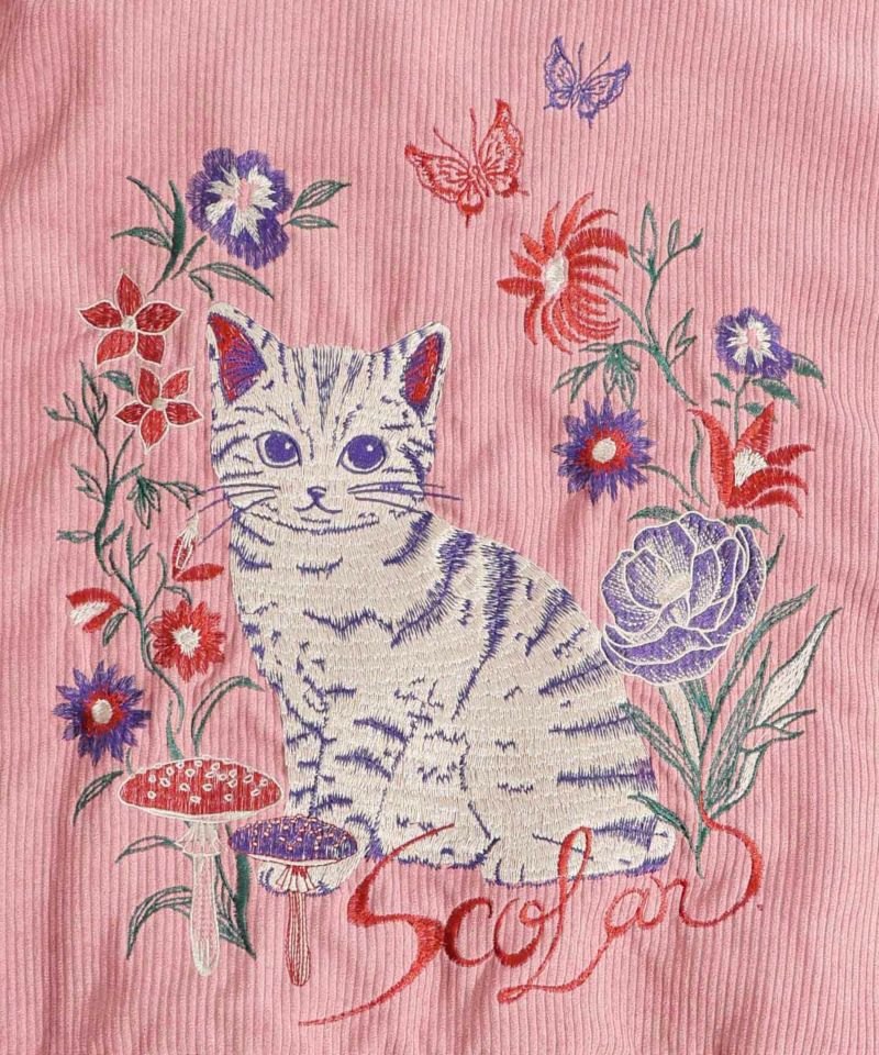 スカラー133656：花ネコ刺繍 コーデュロイ配色ブルゾン-