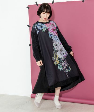 533009：花蝶柄シフォン重ね×レース切替ワンピースの通販-ScoLar