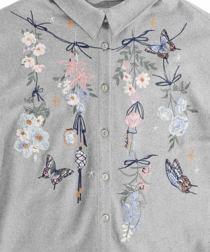 533229：花蝶刺繍 フェイクウールシャツの通販-ScoLar