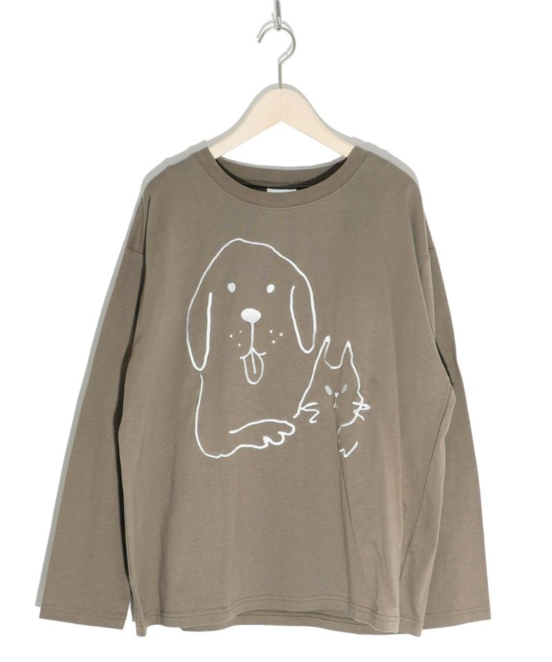 133691：ゆるネコワンちゃん刺繍 ロングスリーブTシャツの通販-ScoLar