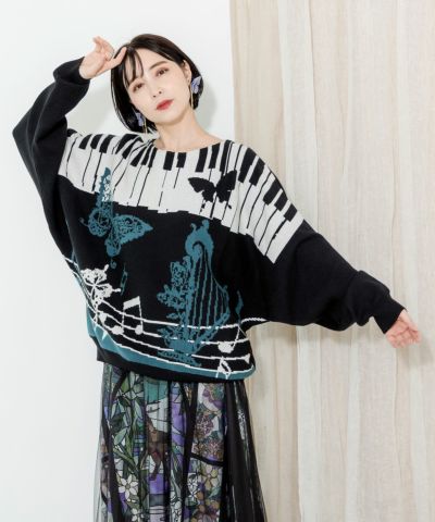 IS ScoLar ☆ 花蝶柄シフォン×ニットソー切替ビッグシルエットワンピース