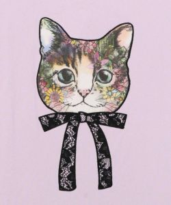 リボンでおめかしネコの刺繍アップリケ ロングスリーブTシャツ-12