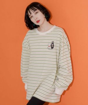 よくばりネコとラビル刺繍 レトロボーダーロングスリーブTシャツ-1