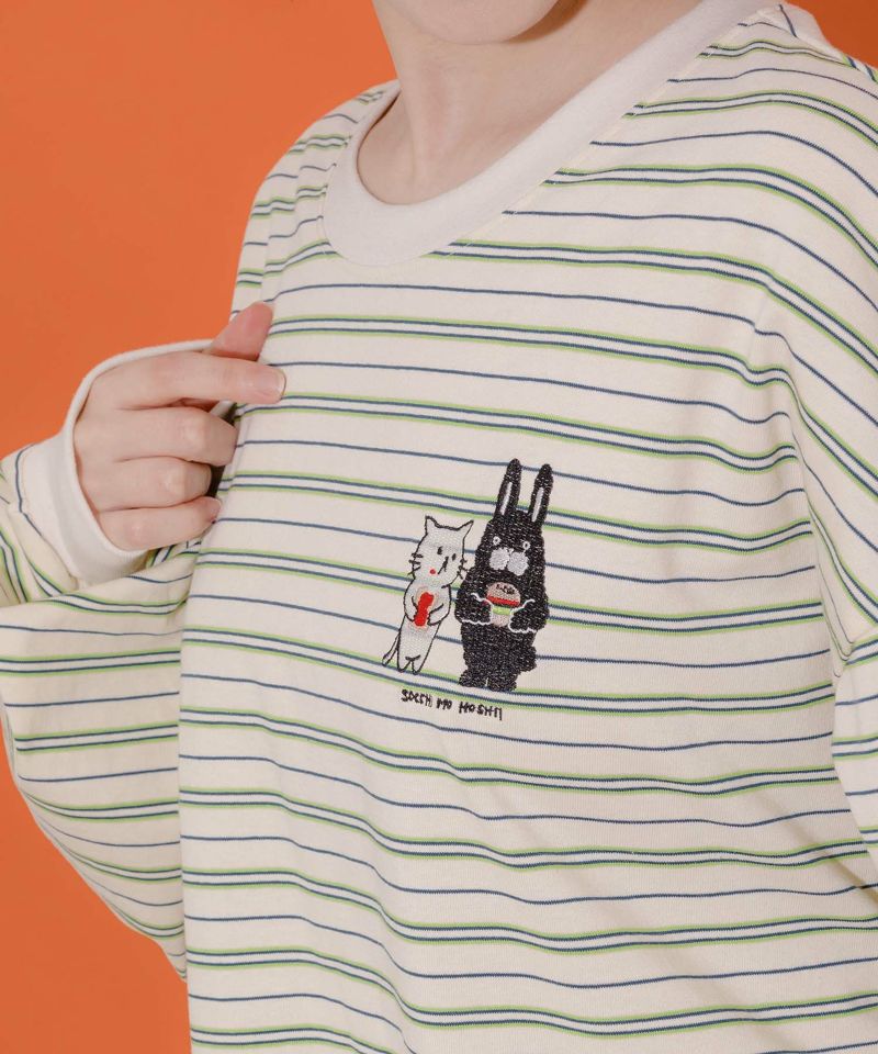 よくばりネコとラビル刺繍 レトロボーダーロングスリーブTシャツ-6