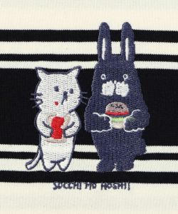よくばりネコとラビル刺繍 レトロボーダーロングスリーブTシャツ-12