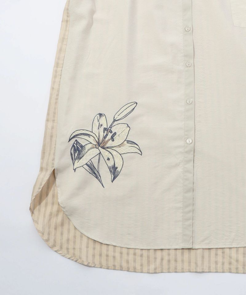 花束を作るキツネポケット ユリの刺繍 ストライプ切替ワンピース-17