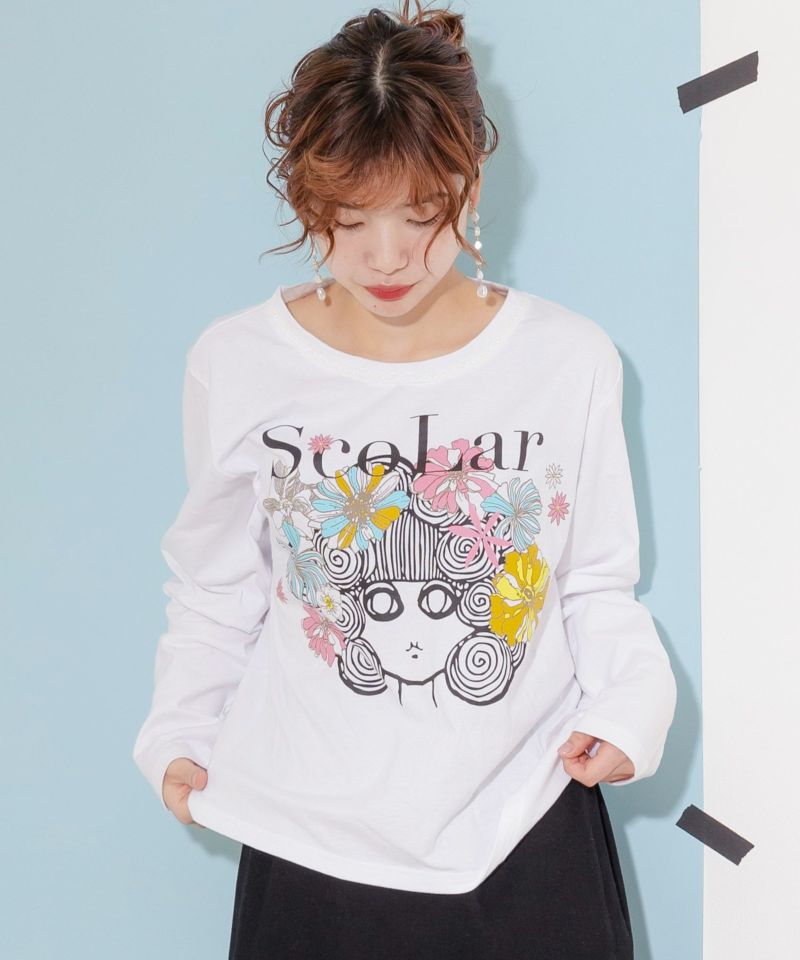 花とスカラーちゃんプリント ロングスリーブTシャツ-1