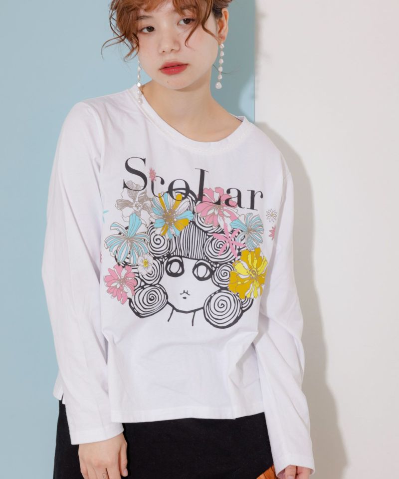 花とスカラーちゃんプリント ロングスリーブTシャツ-6