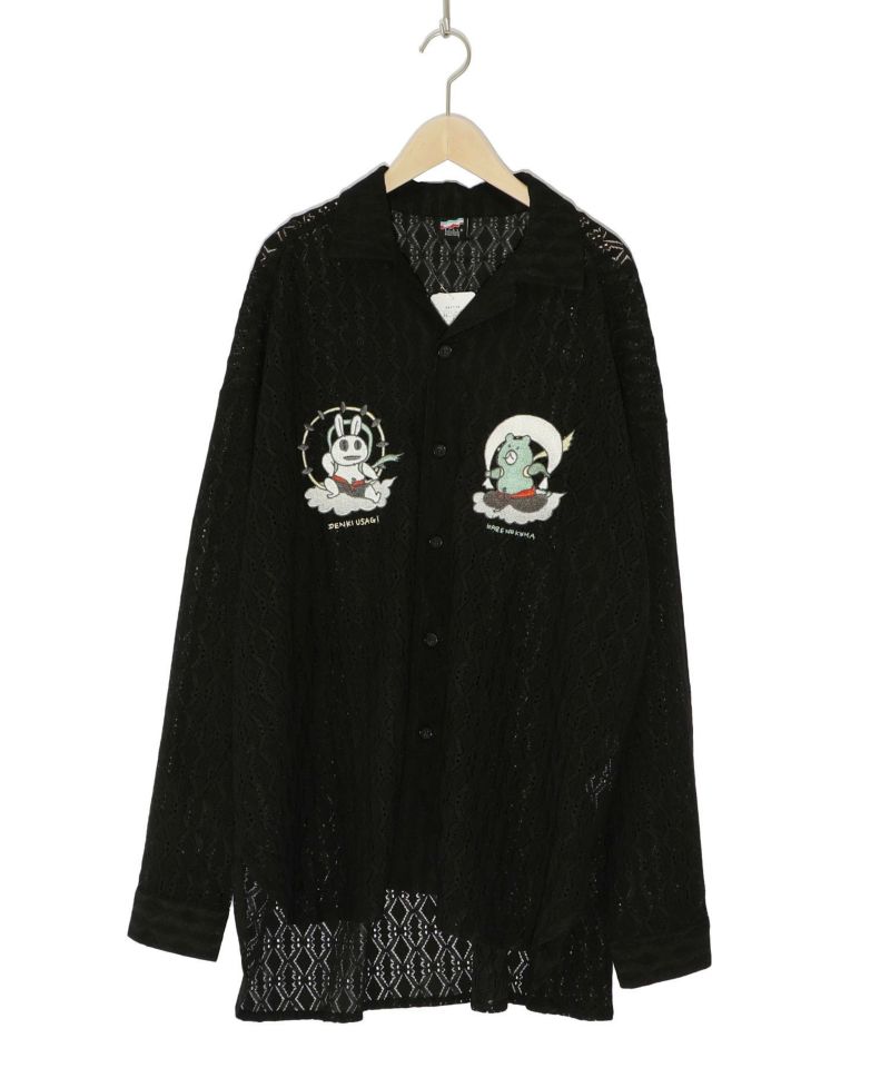 電気うさぎと風のクマ刺繍 ストレッチレースシャツ-10