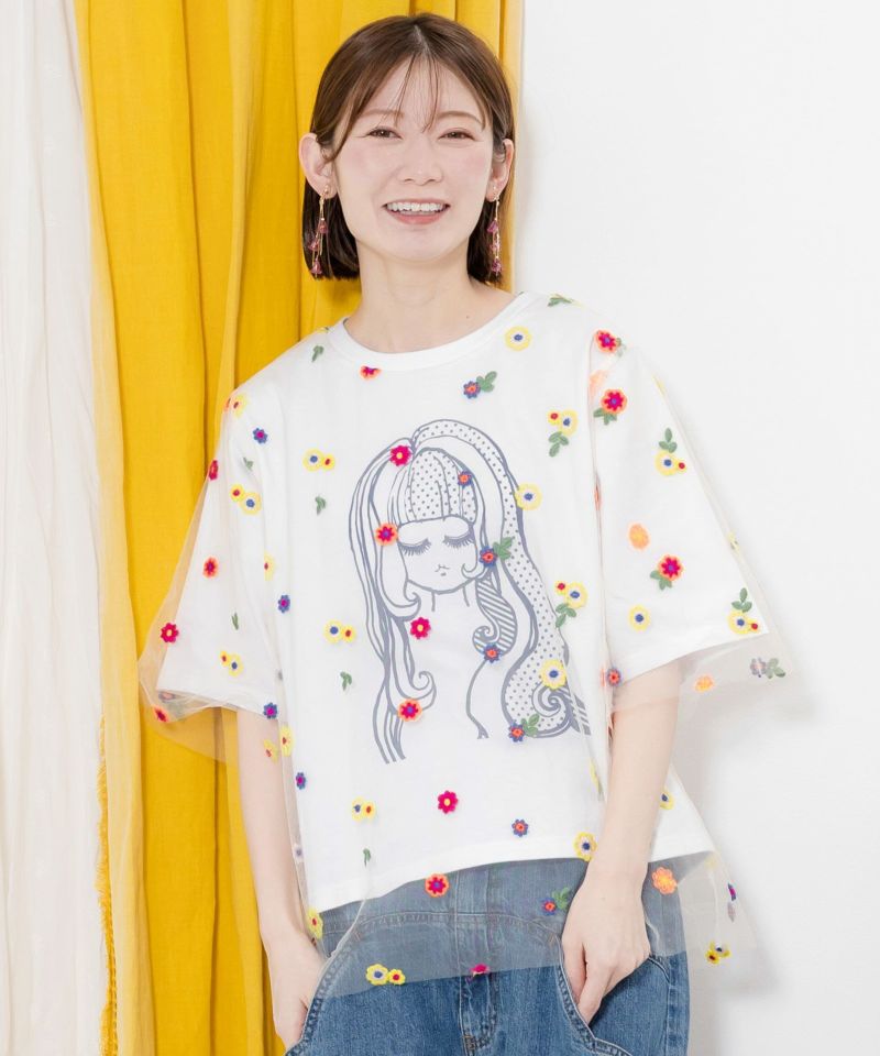 花刺繍チュール重ね 女の子プリントTシャツ-1