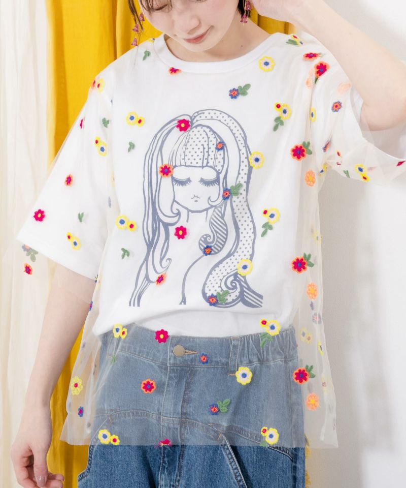花刺繍チュール重ね 女の子プリントTシャツ-6