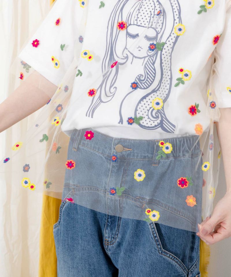 花刺繍チュール重ね 女の子プリントTシャツ-7