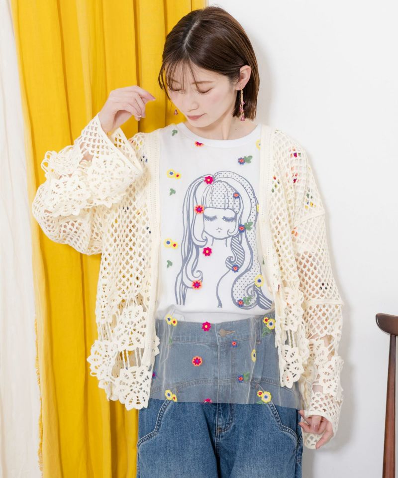 花刺繍チュール重ね 女の子プリントTシャツ-8