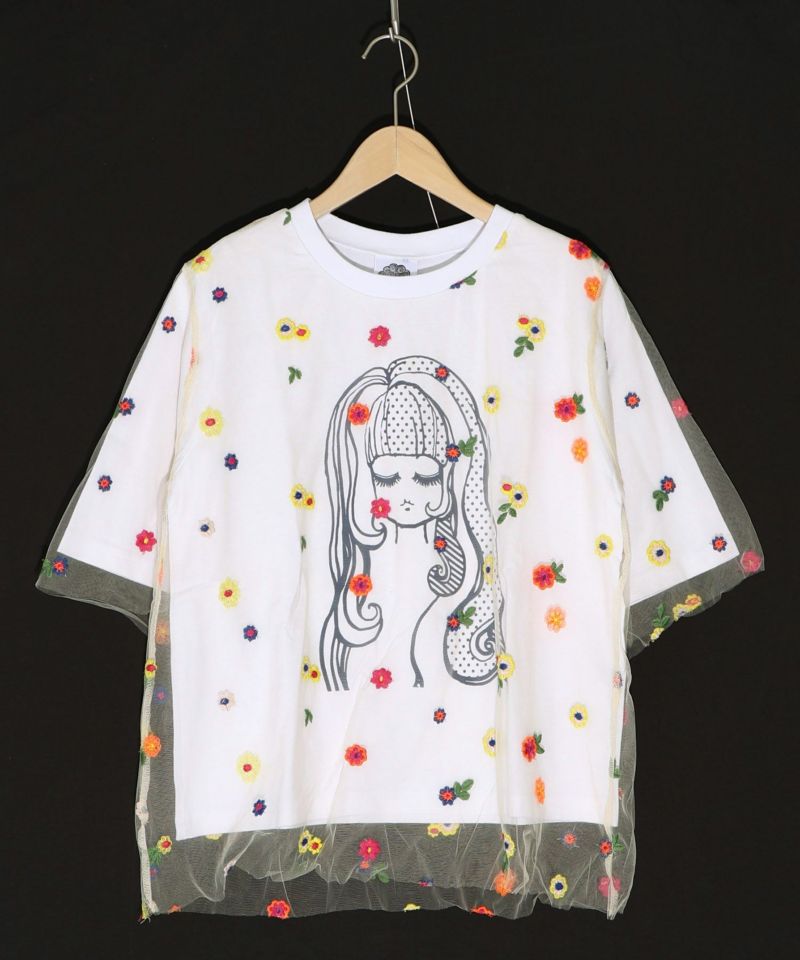 141666：花刺繍チュール重ね 女の子プリントTシャツの通販-ScoLar