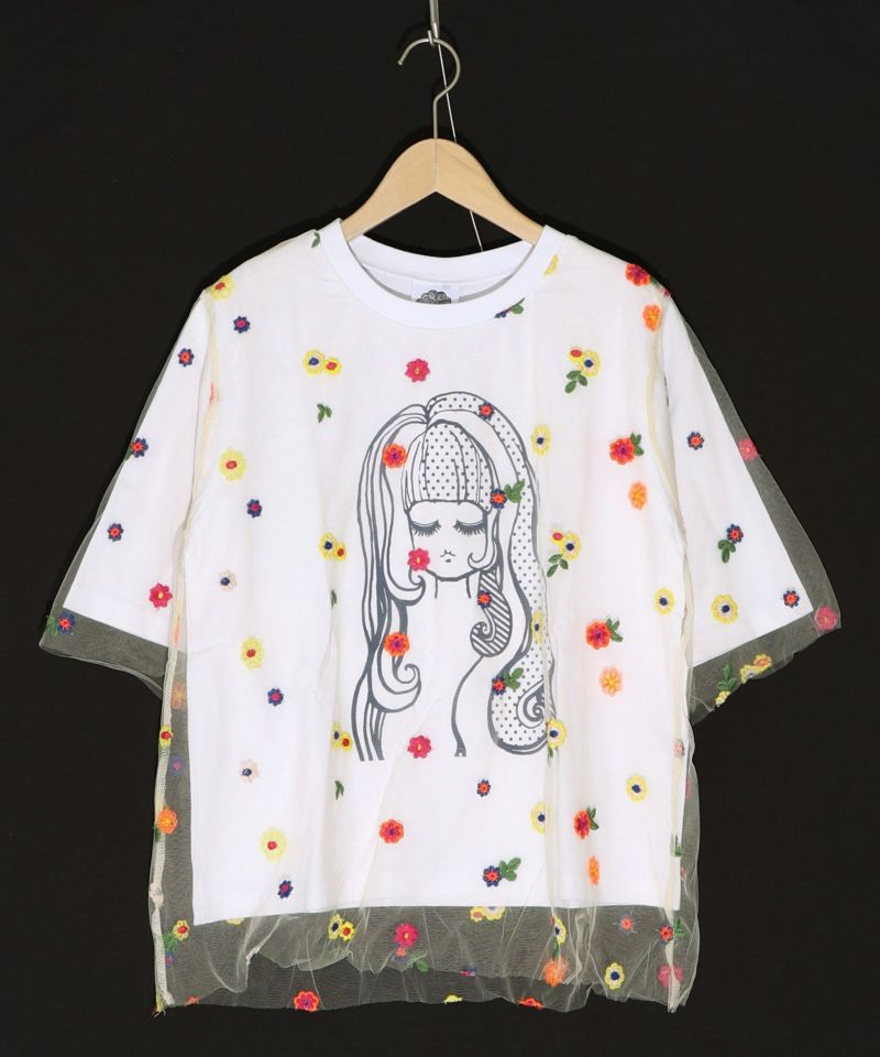 花刺繍チュール重ね 女の子プリントTシャツ-10
