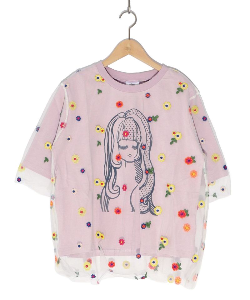 花刺繍チュール重ね 女の子プリントTシャツ-14