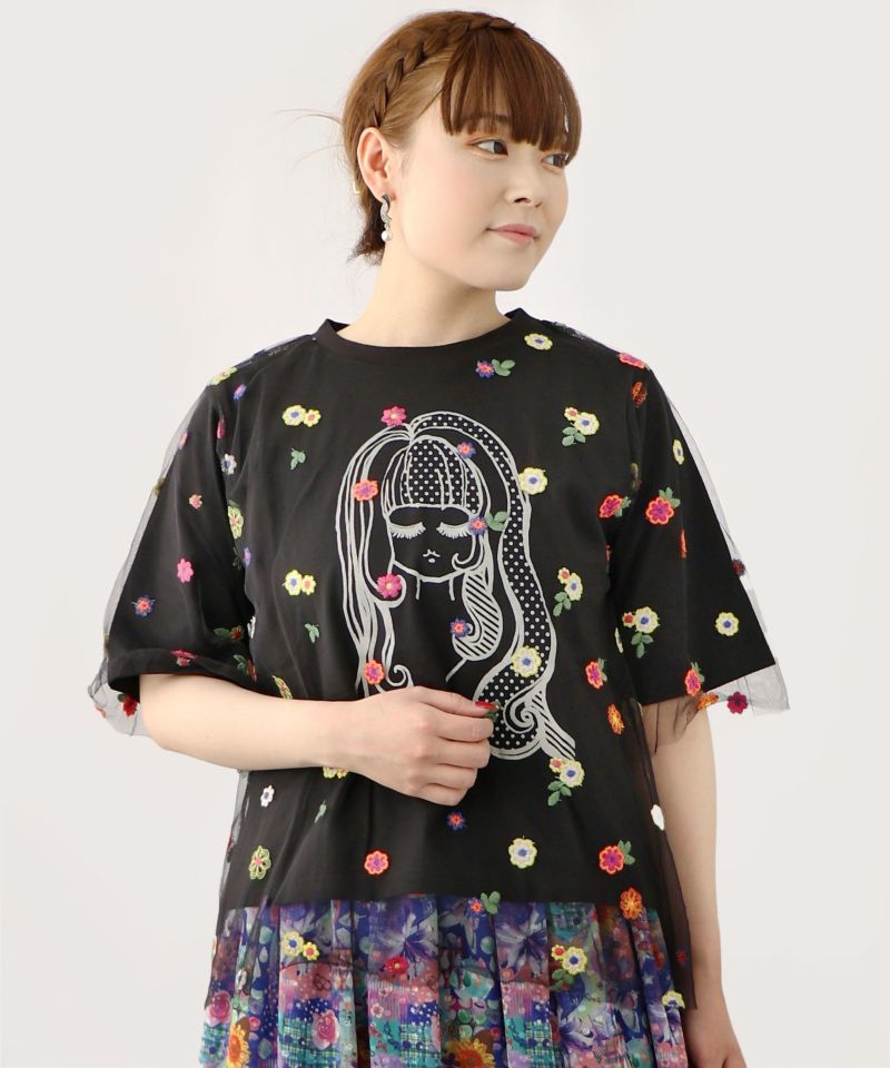 花刺繍チュール重ね 女の子プリントTシャツ-16