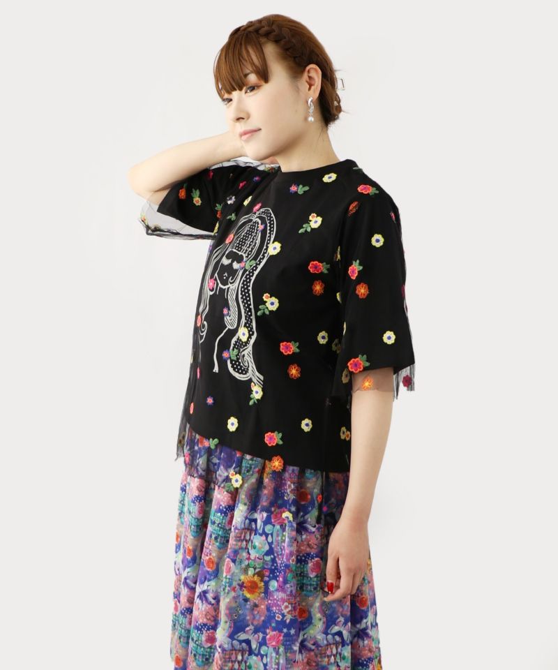 花刺繍チュール重ね 女の子プリントTシャツ-18