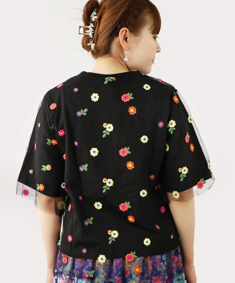 花刺繍チュール重ね 女の子プリントTシャツ-19