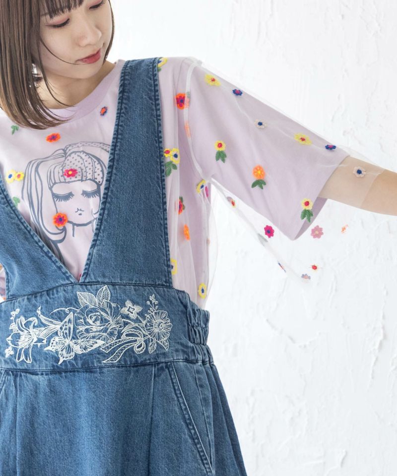 花刺繍チュール重ね 女の子プリントTシャツ-23
