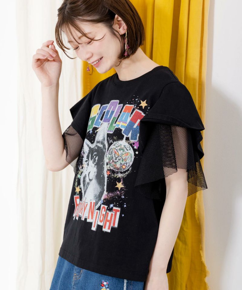 141650：FRIDAY NIGHTとネコプリント メッシュフリル袖Tシャツの通販