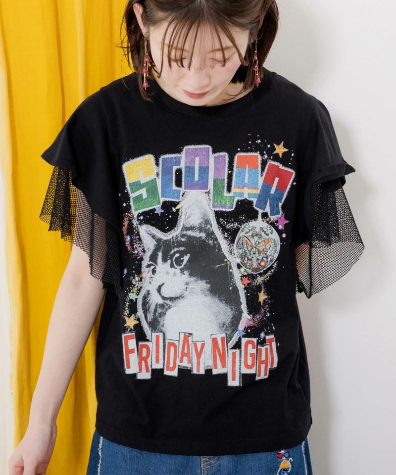 FRIDAY NIGHTとネコプリント メッシュフリル袖Tシャツ-2
