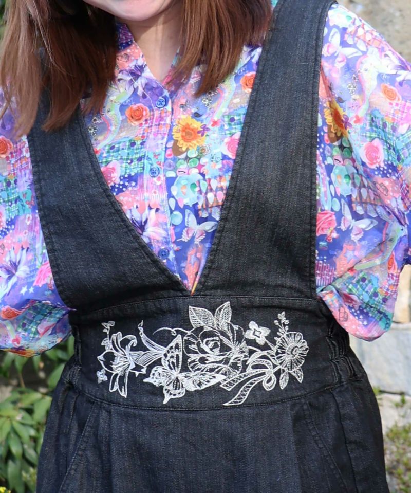 花蝶刺繍 デニムジャンパースカート-15