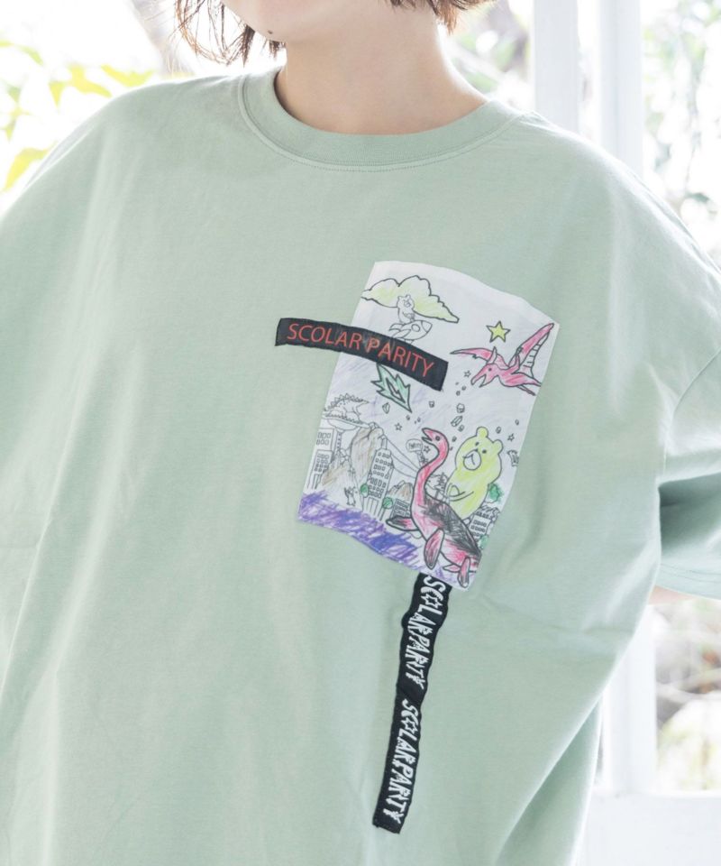 恐竜に乗ったクマ×甘やかし柄アップリケ メッシュ裾Tシャツ-23