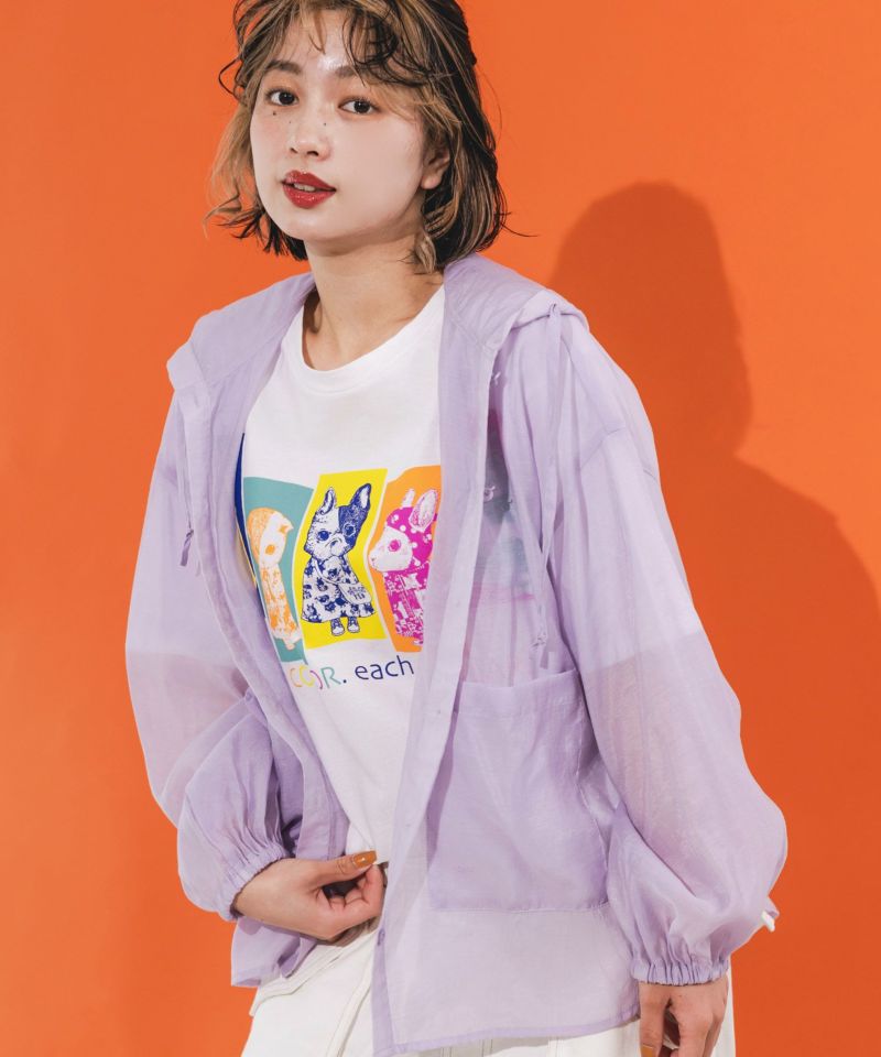 花×ネコロゴプリント シアーフードシャツ-2