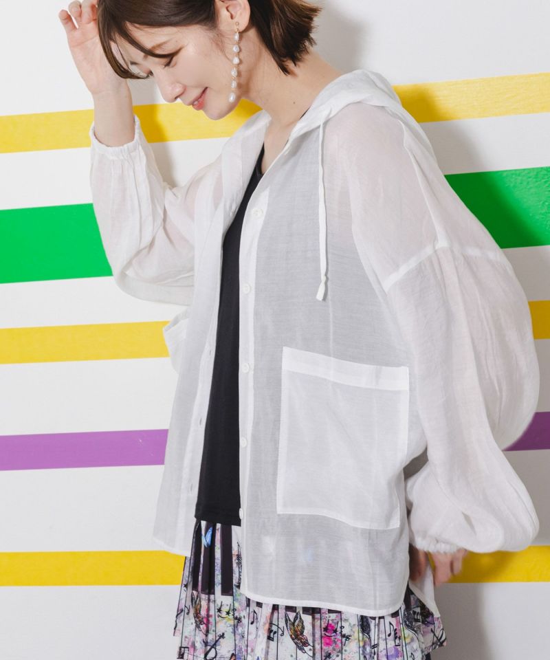 花×ネコロゴプリント シアーフードシャツ-23