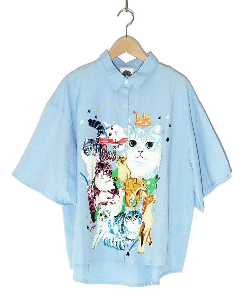 142612：いろんなネコたち柄 シャンブレーシャツの通販-ScoLar