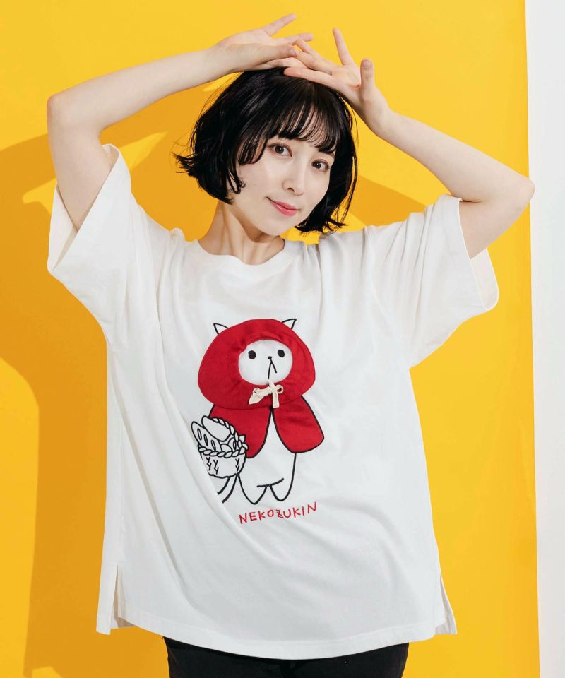 ネコ頭巾ちゃんアップリケ刺繍Tシャツ-1