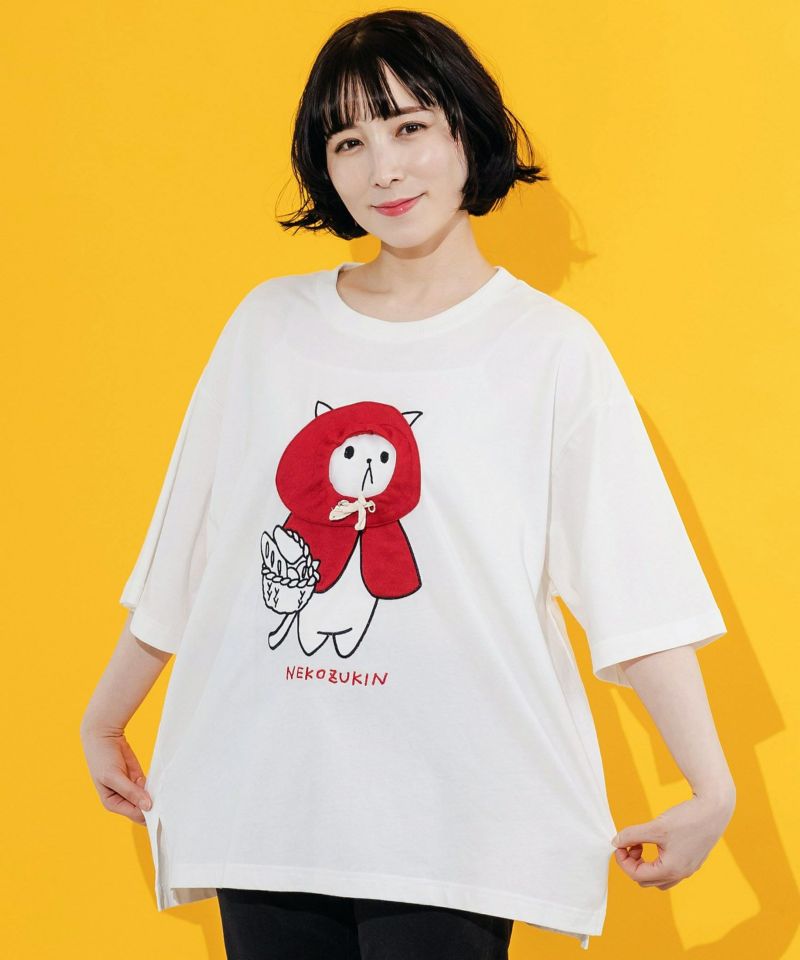 ネコ頭巾ちゃんアップリケ刺繍Tシャツ-3