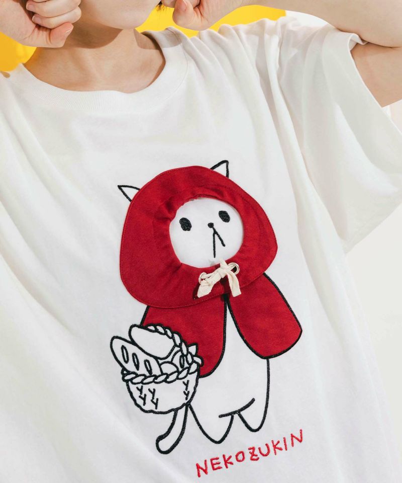 ネコ頭巾ちゃんアップリケ刺繍Tシャツ-6