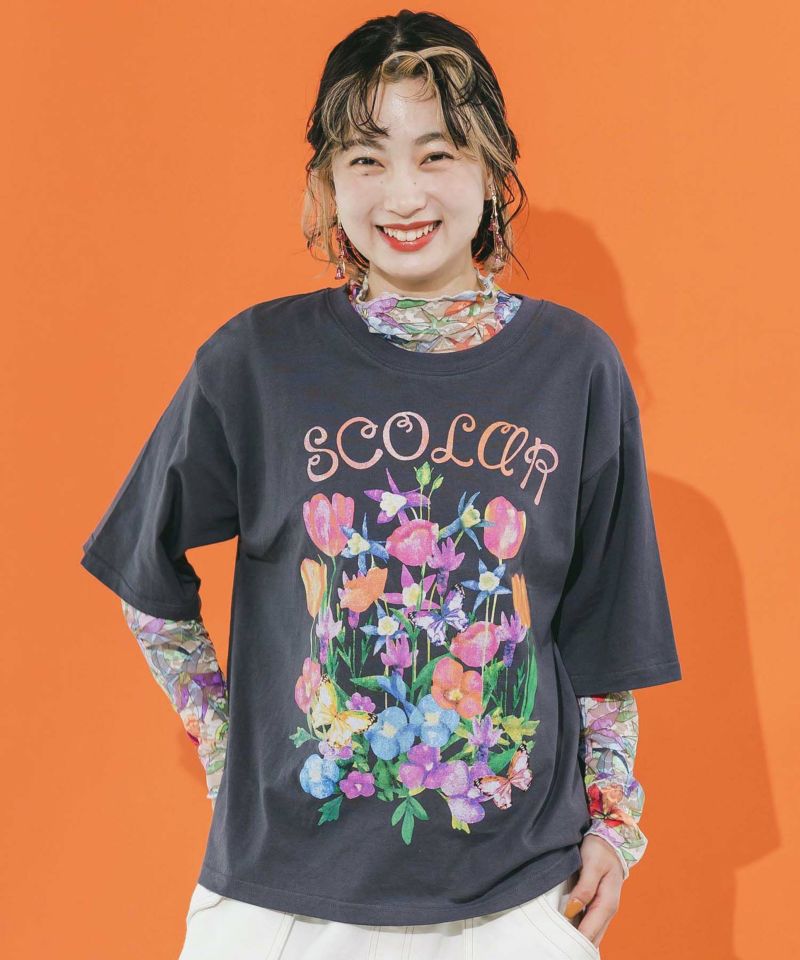 142616：花蝶柄ロゴプリントTシャツの通販-ScoLar