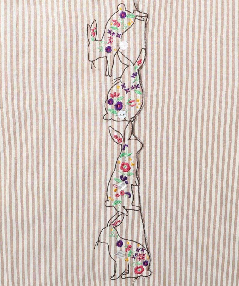 ウサギと花刺繍 ストライプシャツワンピース-13