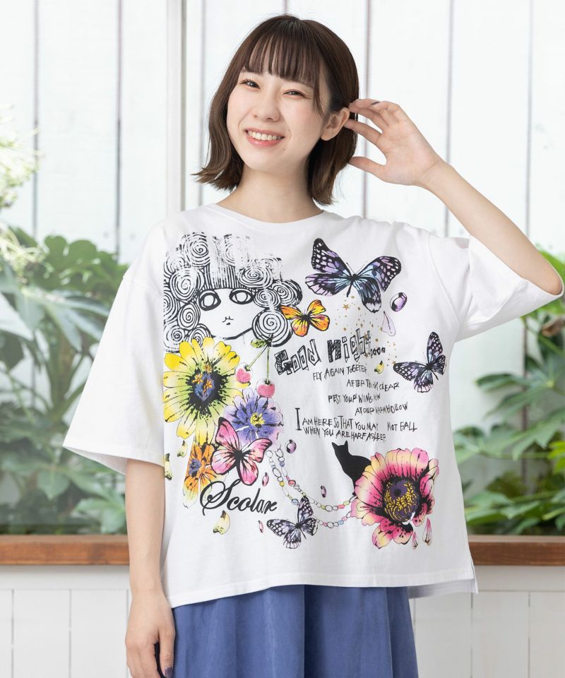 スカラーちゃんと花蝶柄Tシャツ-1