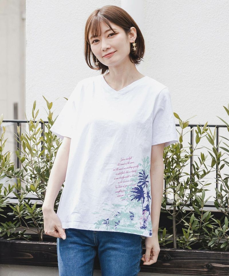 南国の海とフラミンゴプリントTシャツ-2