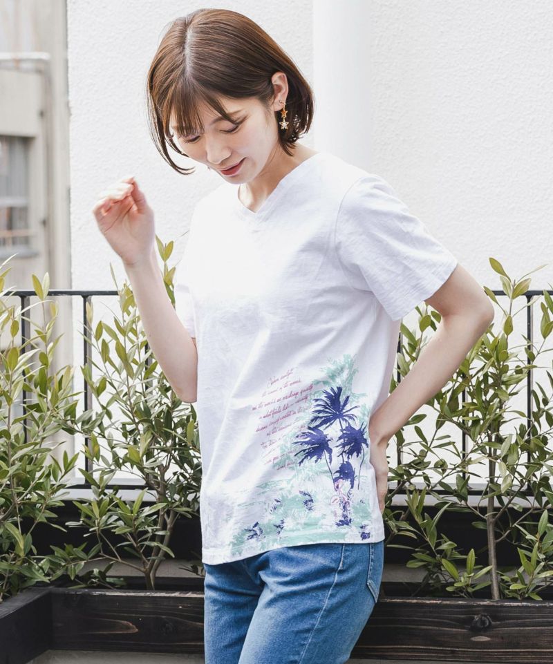 南国の海とフラミンゴプリントTシャツ-4