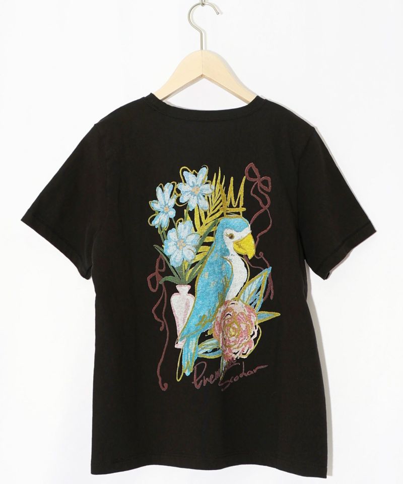 南国の鳥と花柄プリントTシャツ-13