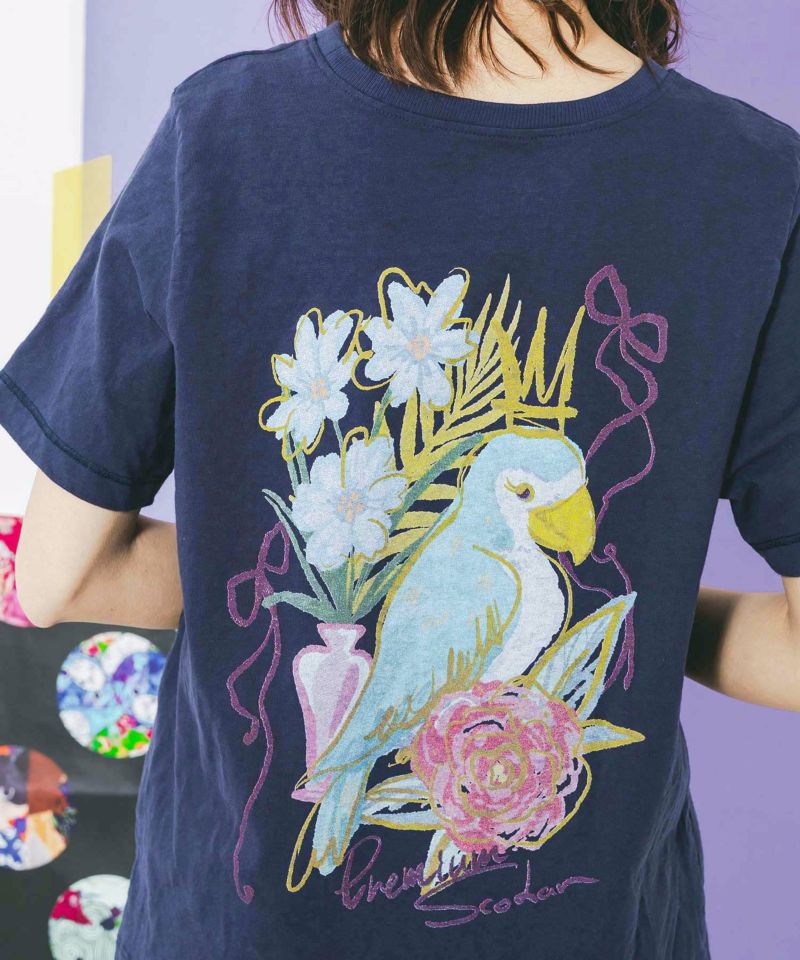 南国の鳥と花柄プリントTシャツ-25