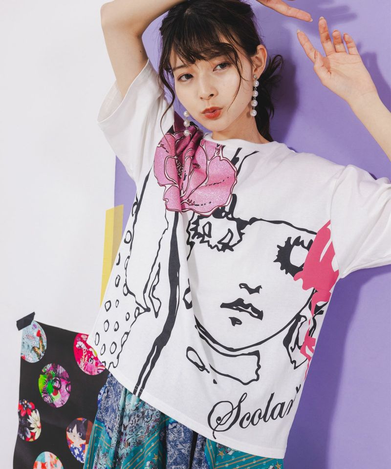 Re:花飾りをした女の子 ラメプリントTシャツ-1