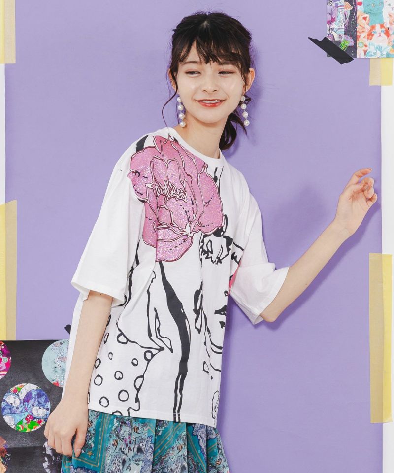 Re:花飾りをした女の子 ラメプリントTシャツ-3